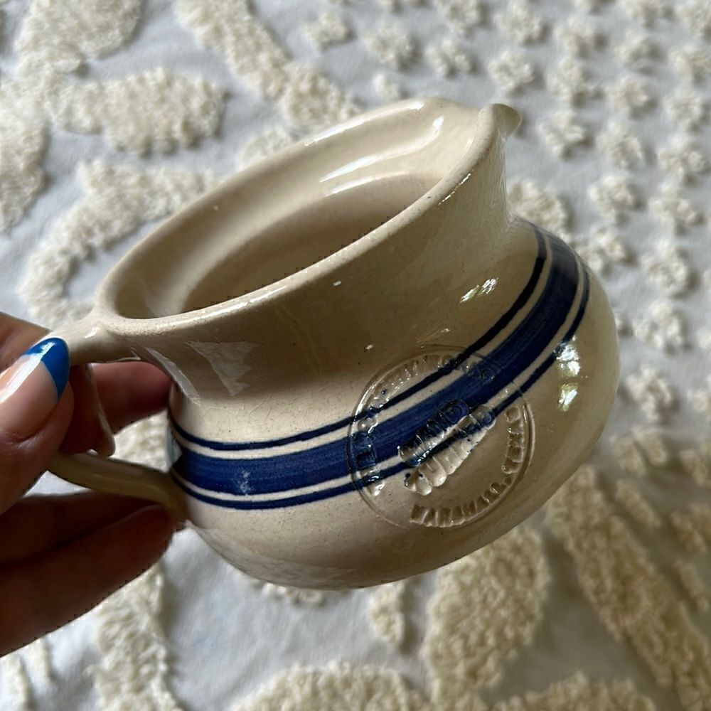 Pottery Creamer Small Pitcher Heavy Blue Stripe Texas
